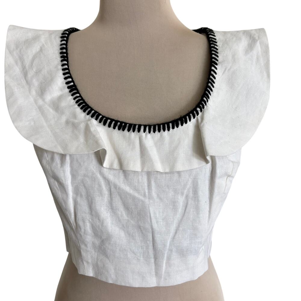 FORE White Linen Cotton Embroidered Crop Top Ruffled Minimalist Feminine Cottage